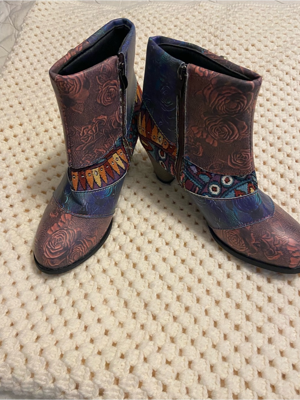 Floral Embossed Ankle Booties with Beaded Band - Multicolor